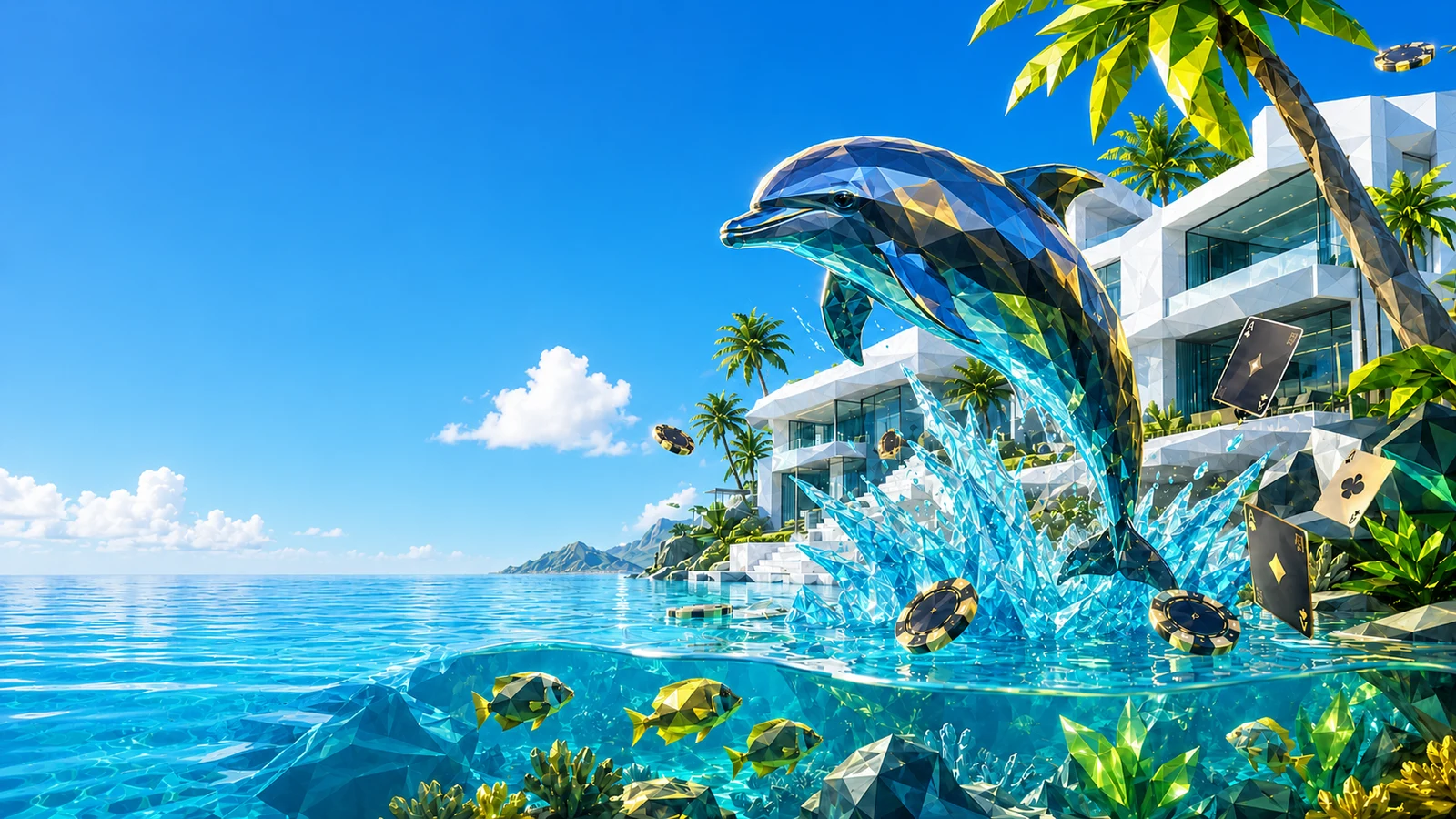 A geometric dolphin leaping beside a tropical ParadiseBet resort